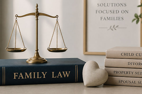 Brass scales of justice on a Family Law book beside a "Spousal Support" title, symbolizing California spousal support proceedings