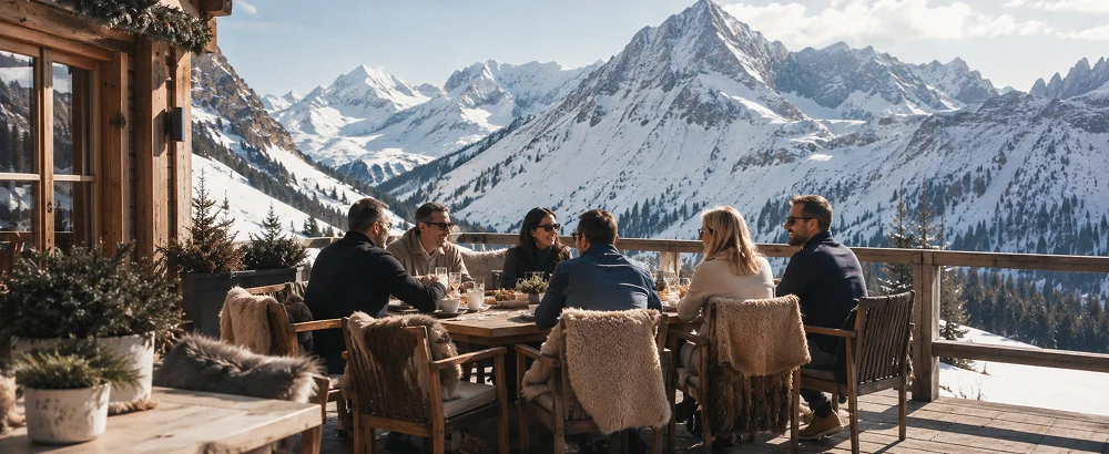 Group of six people sitting and dining on a wooden terrace with snowy mountain views.
