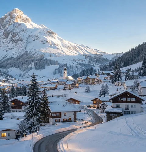 Snow-covered alpine village with winding road beneath sunlit mountain and clear blue sky.