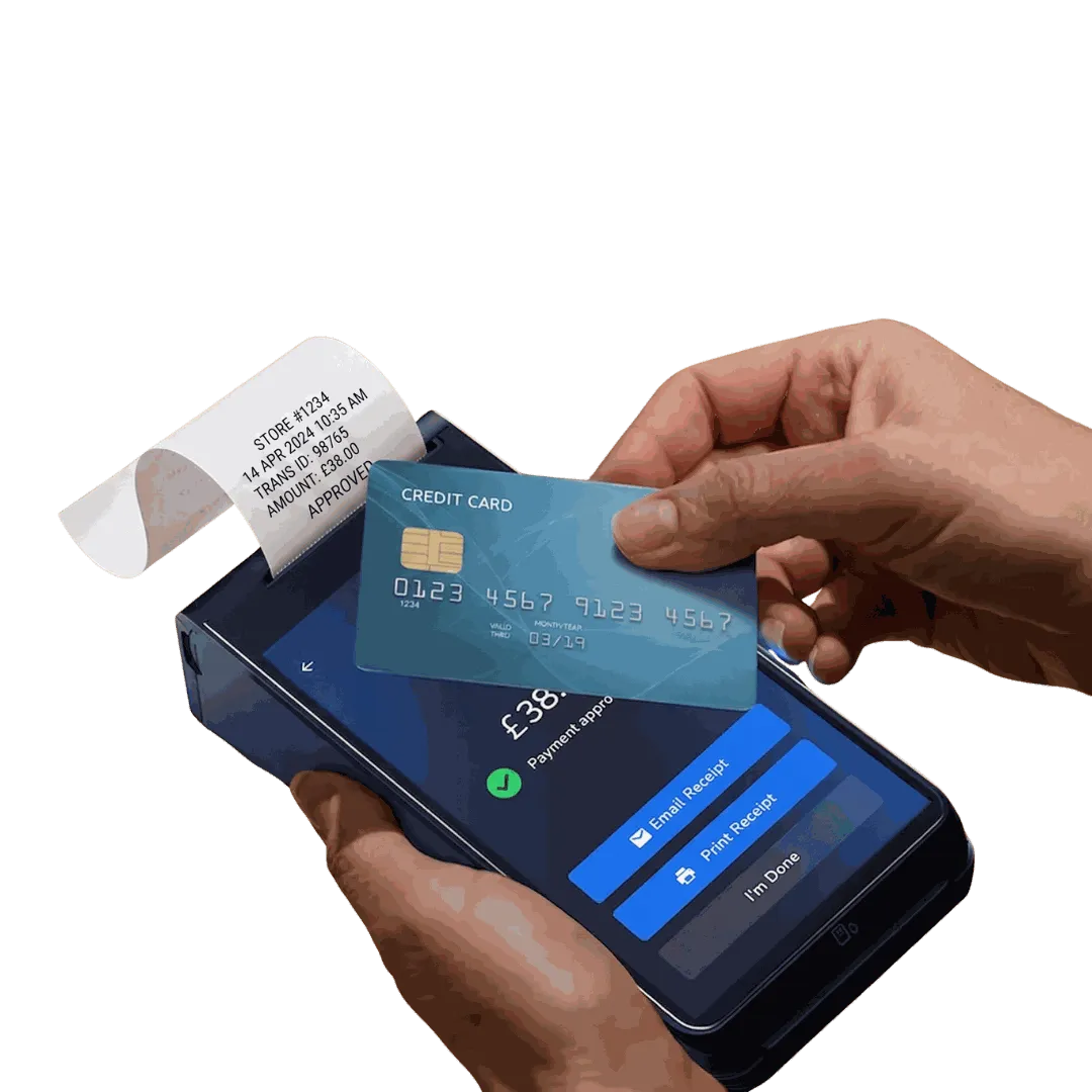Free Shift4 card machine held in one hand while taking a contactless payment