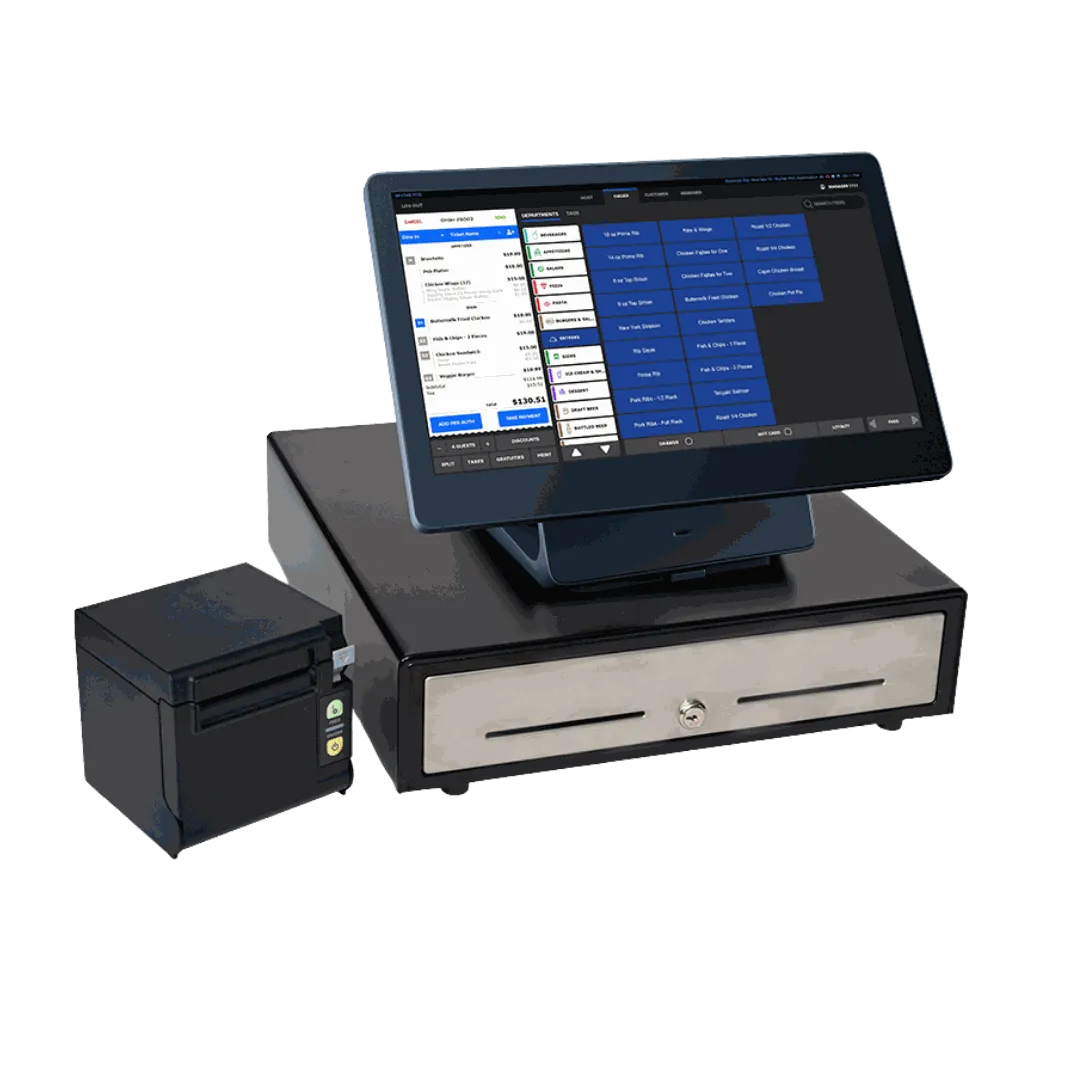 SkyTab POS till with cash drawer and receipt printer on a venue counter