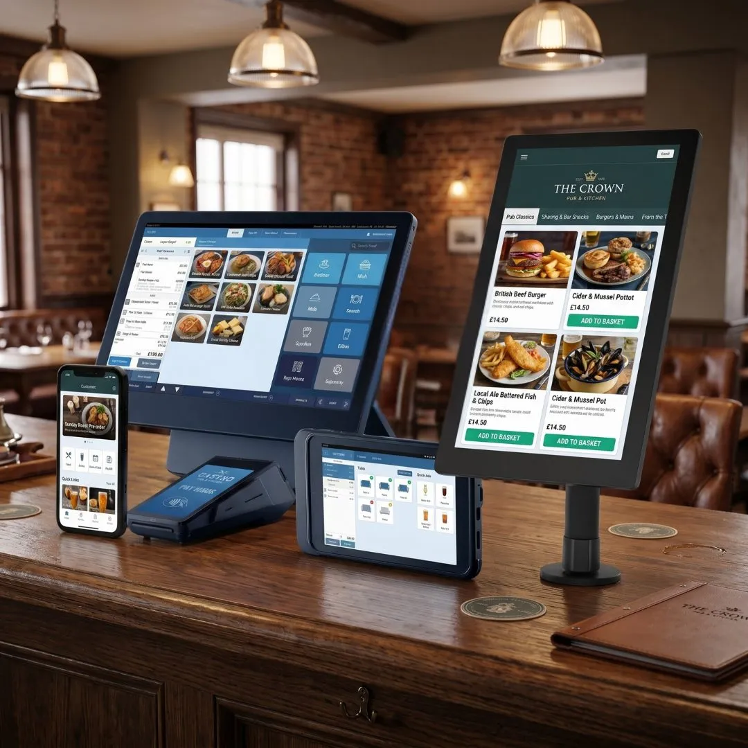 SkyTab POS till, kiosk, handheld and card machine on a pub bar