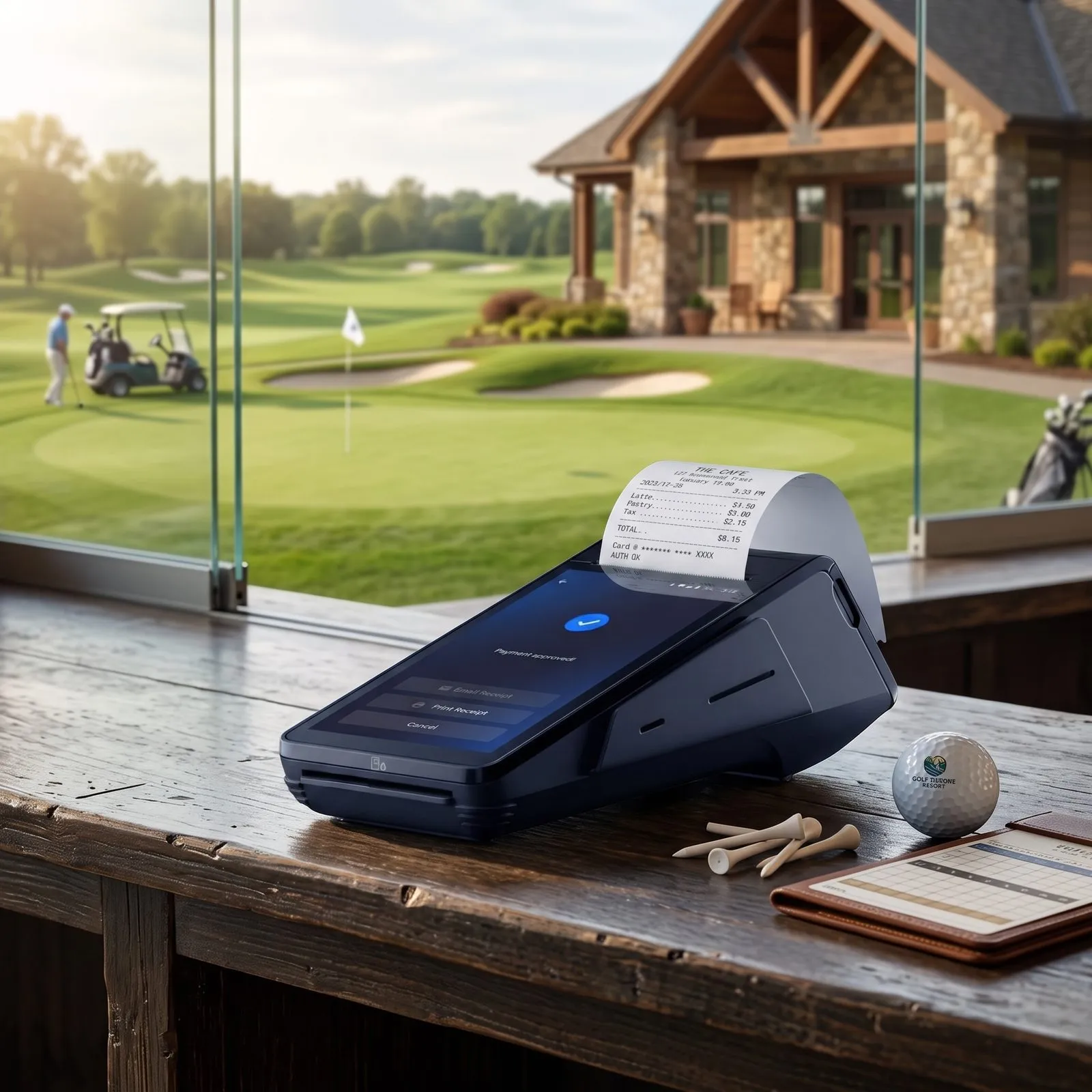 Handheld card machine printing a receipt on a golf clubhouse counter overlooking the course