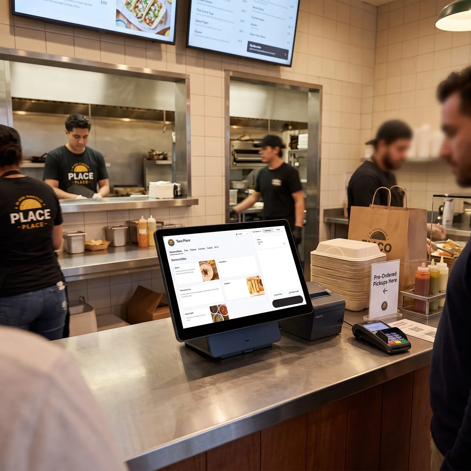 Takeaway counter with an ordering screen and digital menu boards above the kitchen