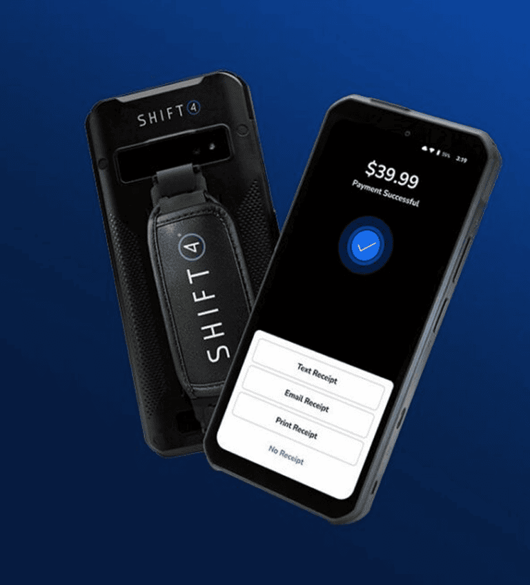 Shift4 handheld in its belt holster beside a payment confirmation screen