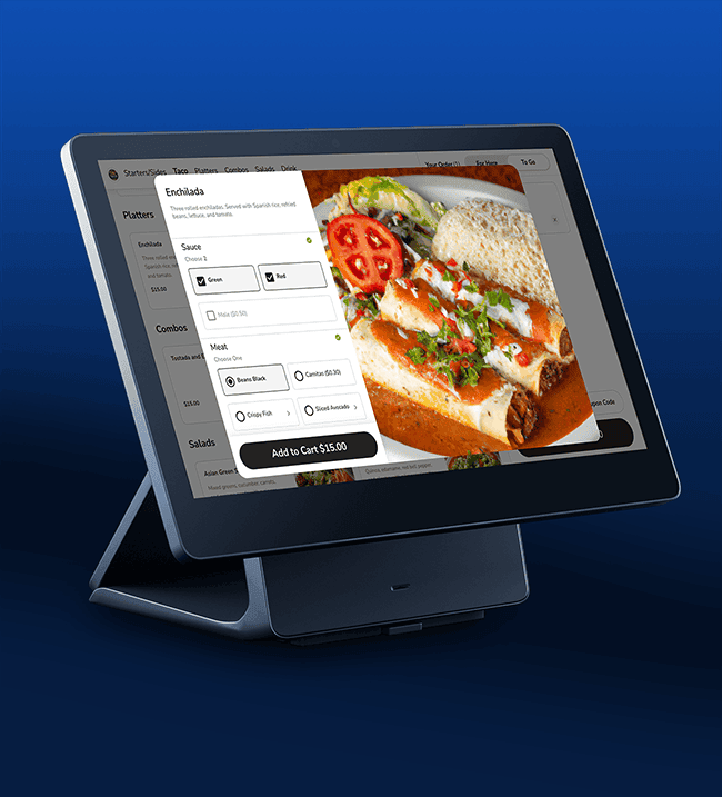 SkyTab self serve kiosk showing a dish and its options on screen