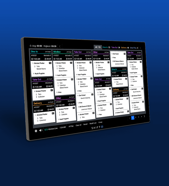Shift4 kitchen display showing live orders by channel with ticket timers