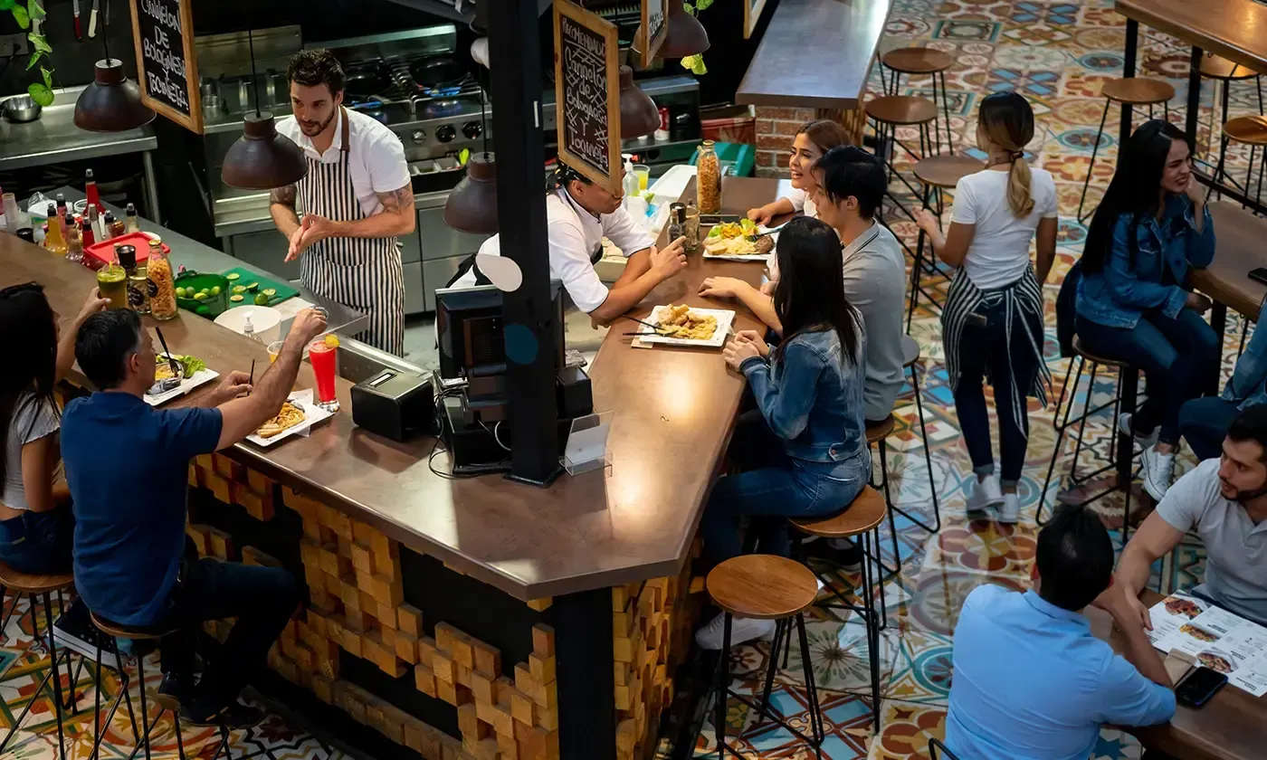 Busy quick service counter with communal seating
