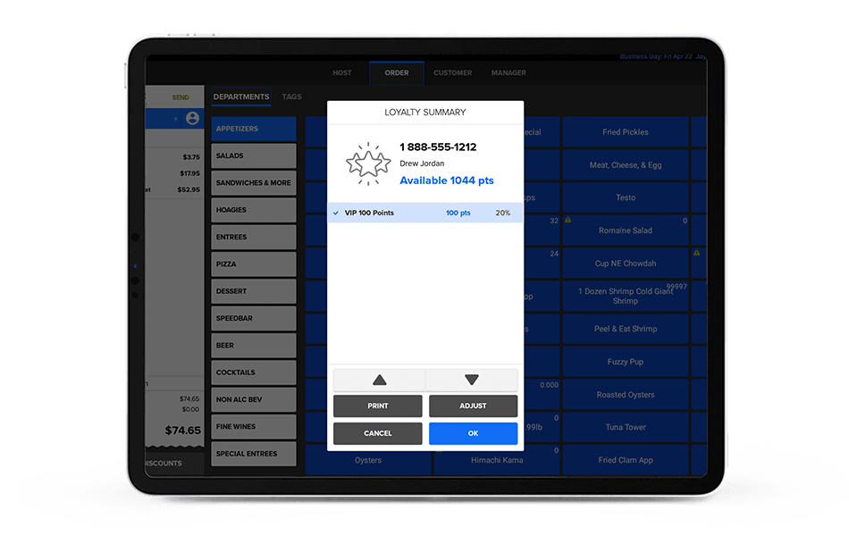 Loyalty summary open on the till showing a customer’s available points