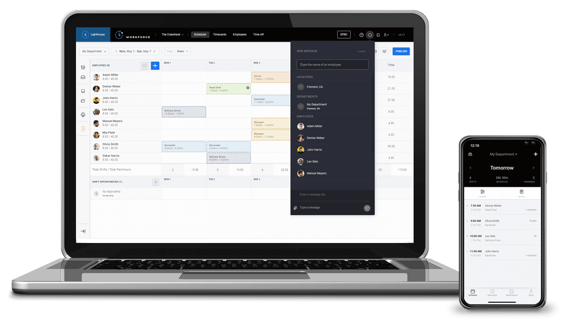 Rota builder on a laptop with the staff shift app open on a phone