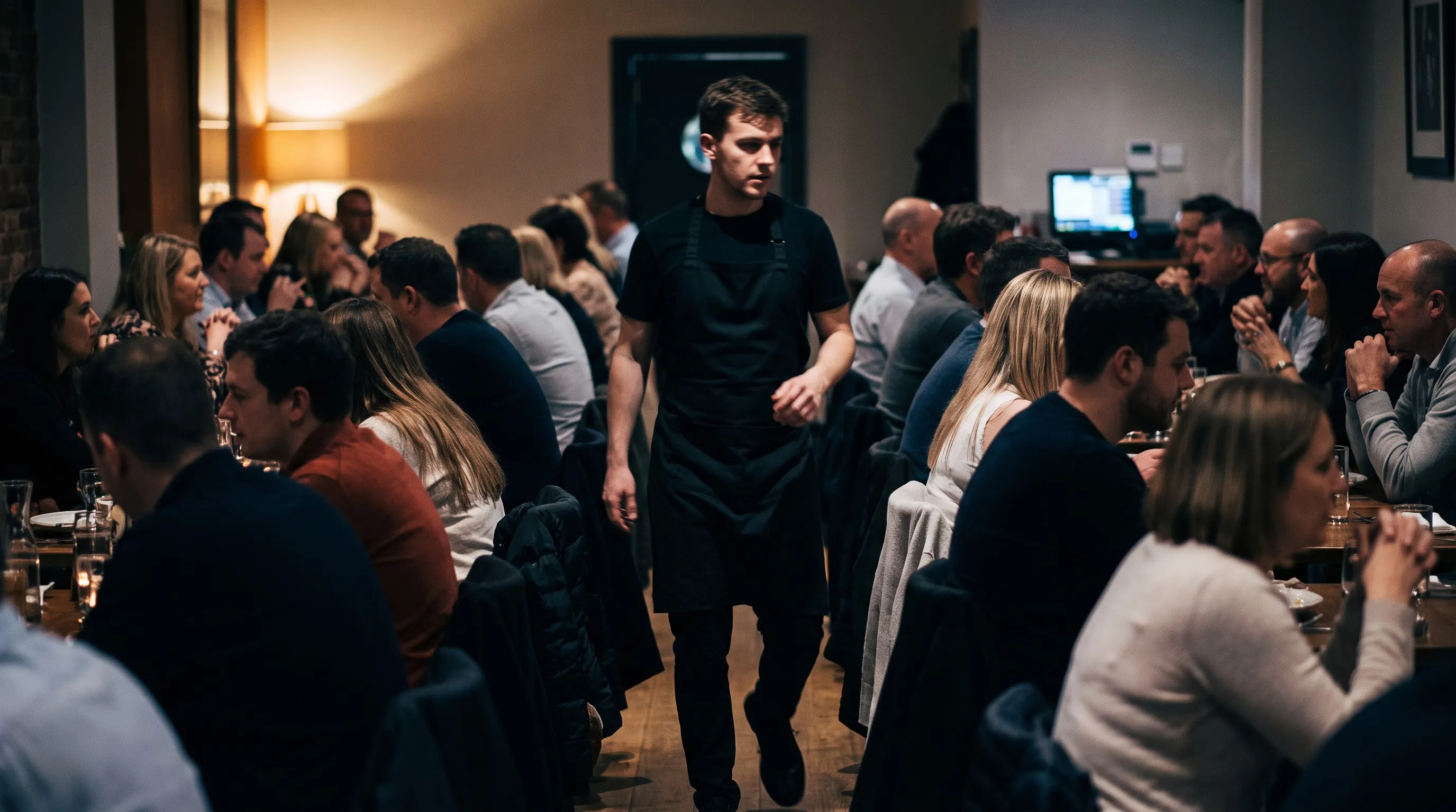 Server walking across a busy restaurant dining room