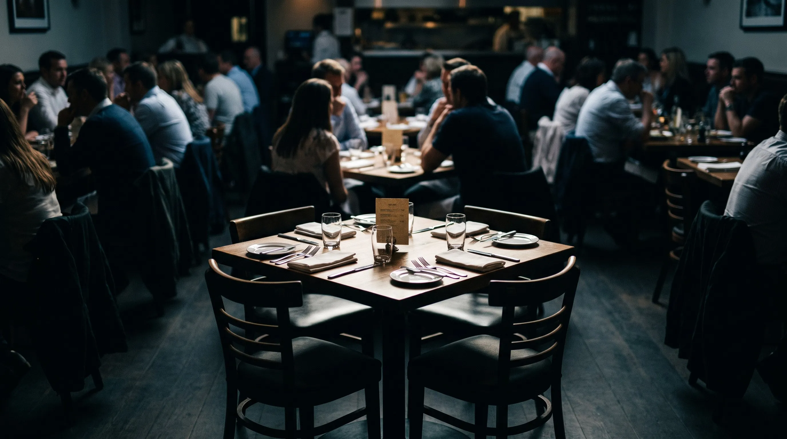Reserved table for four left empty in a full restaurant