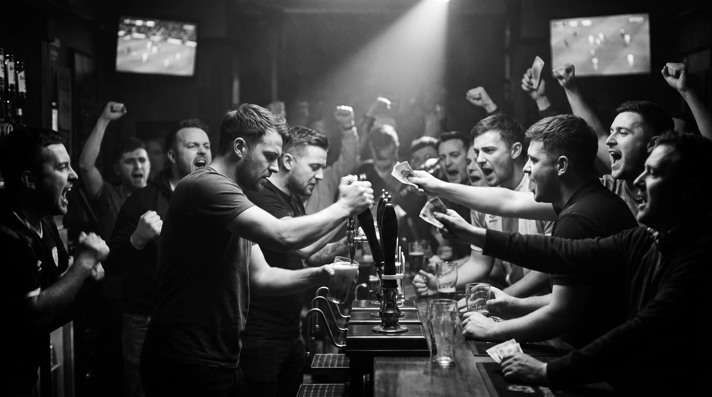 Pub bar three deep with customers on a matchday
