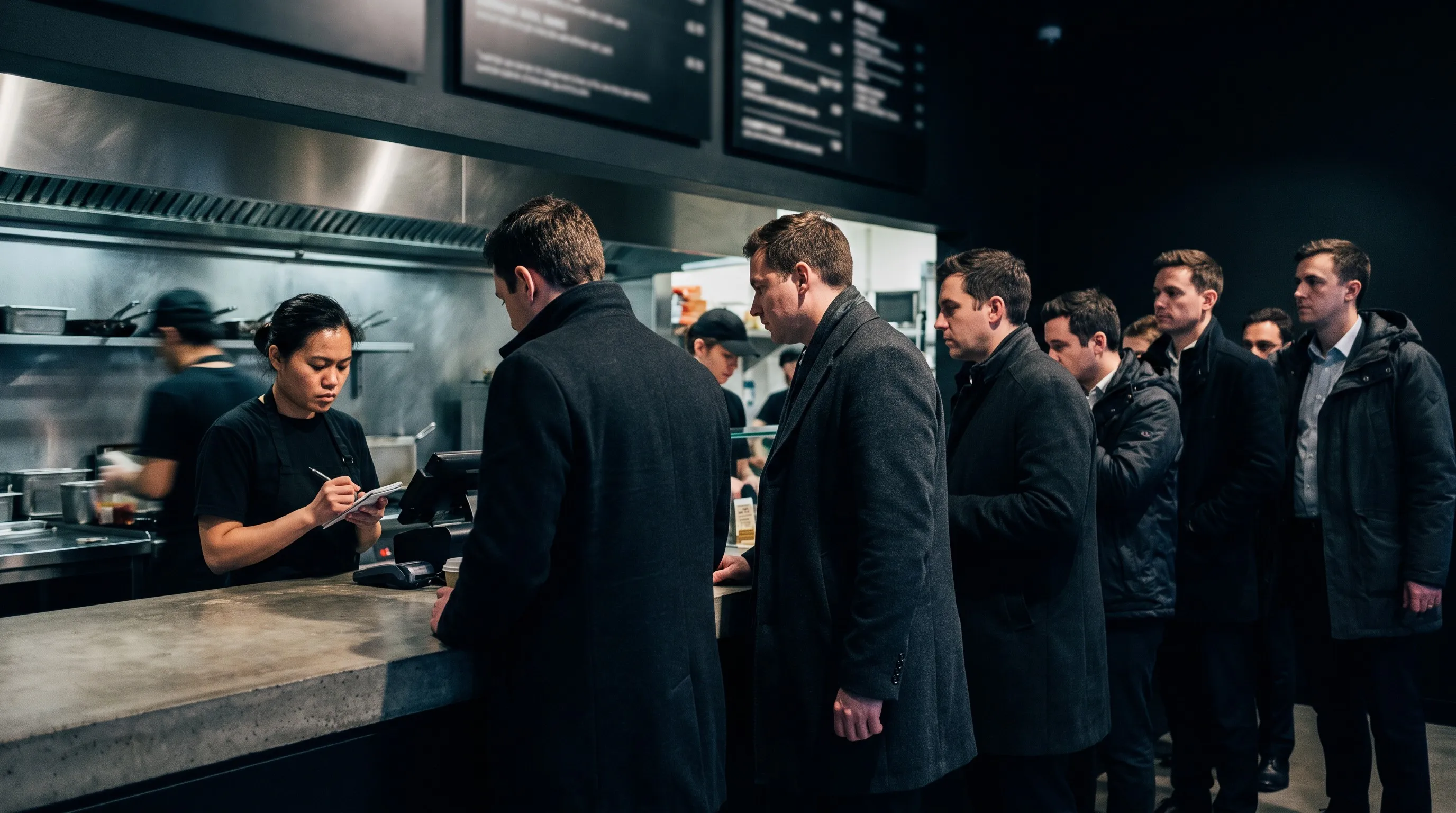 Lunchtime queue backing up at a quick service counter