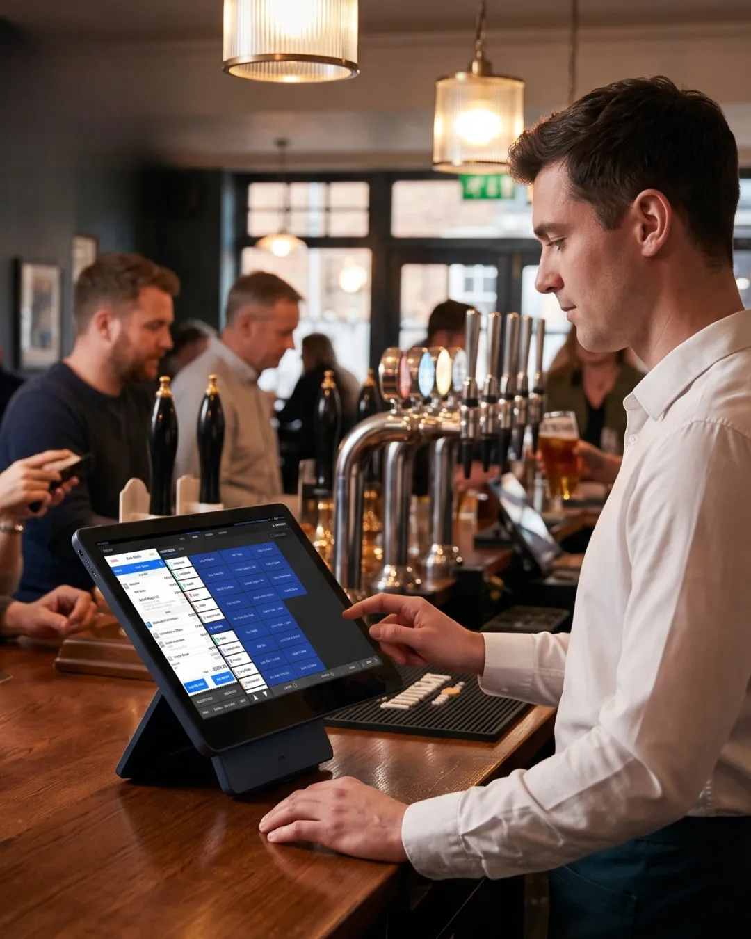 Bartender ringing up a round on the SkyTab POS till at a busy pub bar