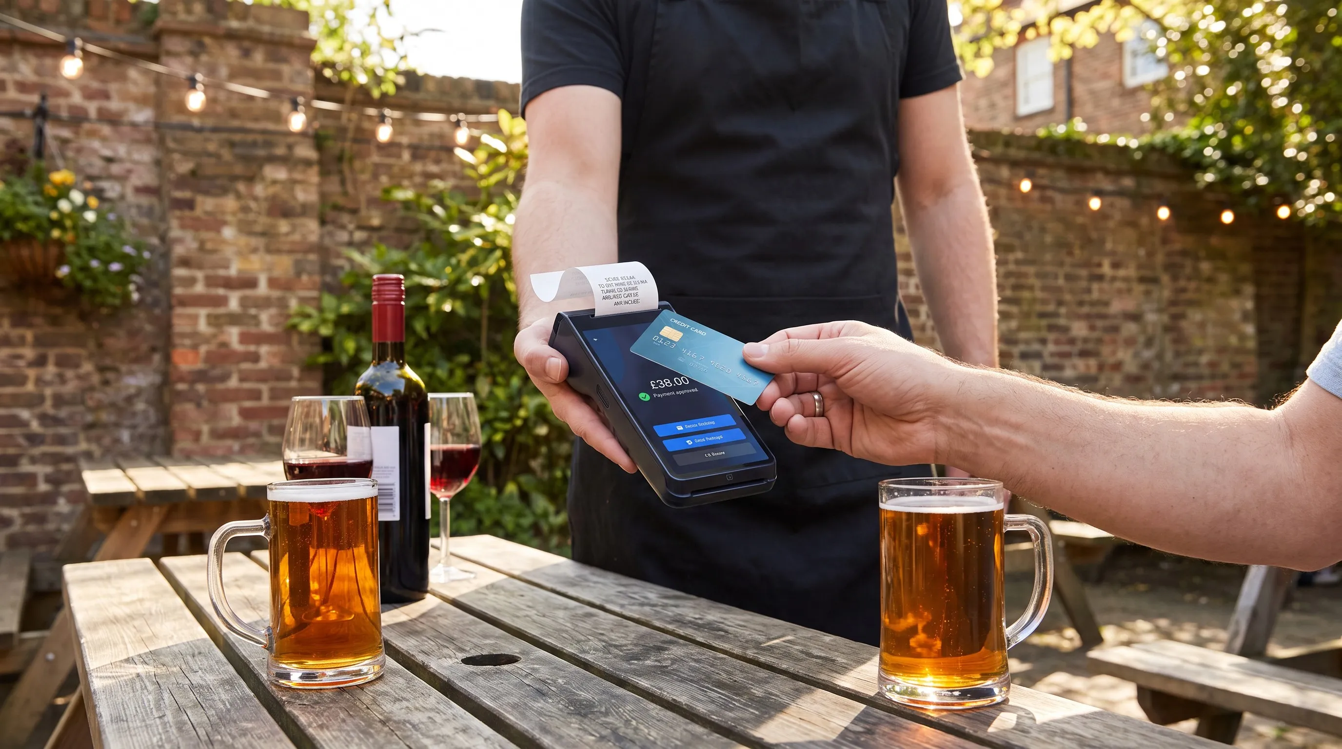 Server taking a contactless payment on a Shift4 card machine at a pub garden table