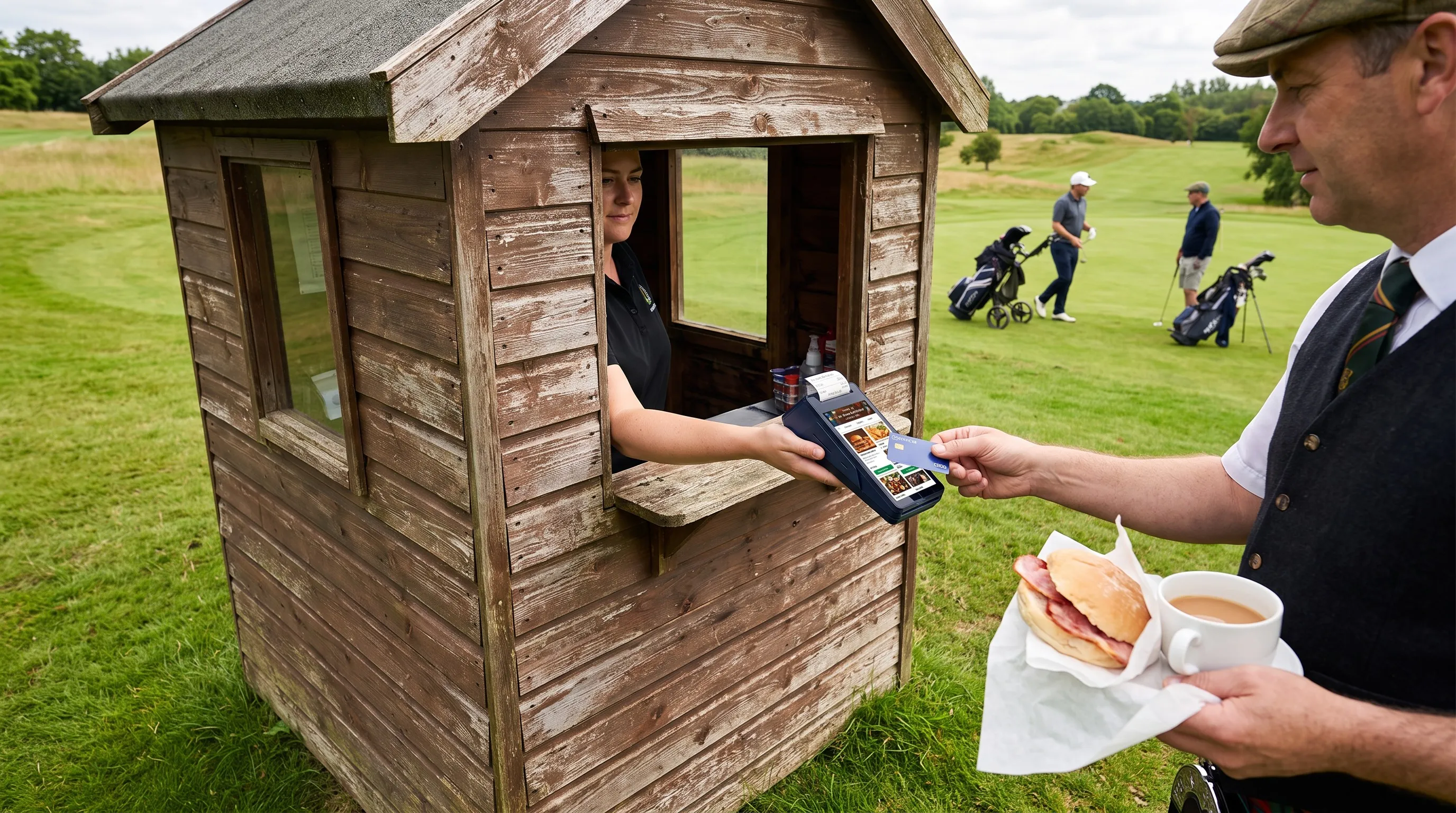 Golfer paying at a halfway house hut with a SkyTab Solo handheld card machine