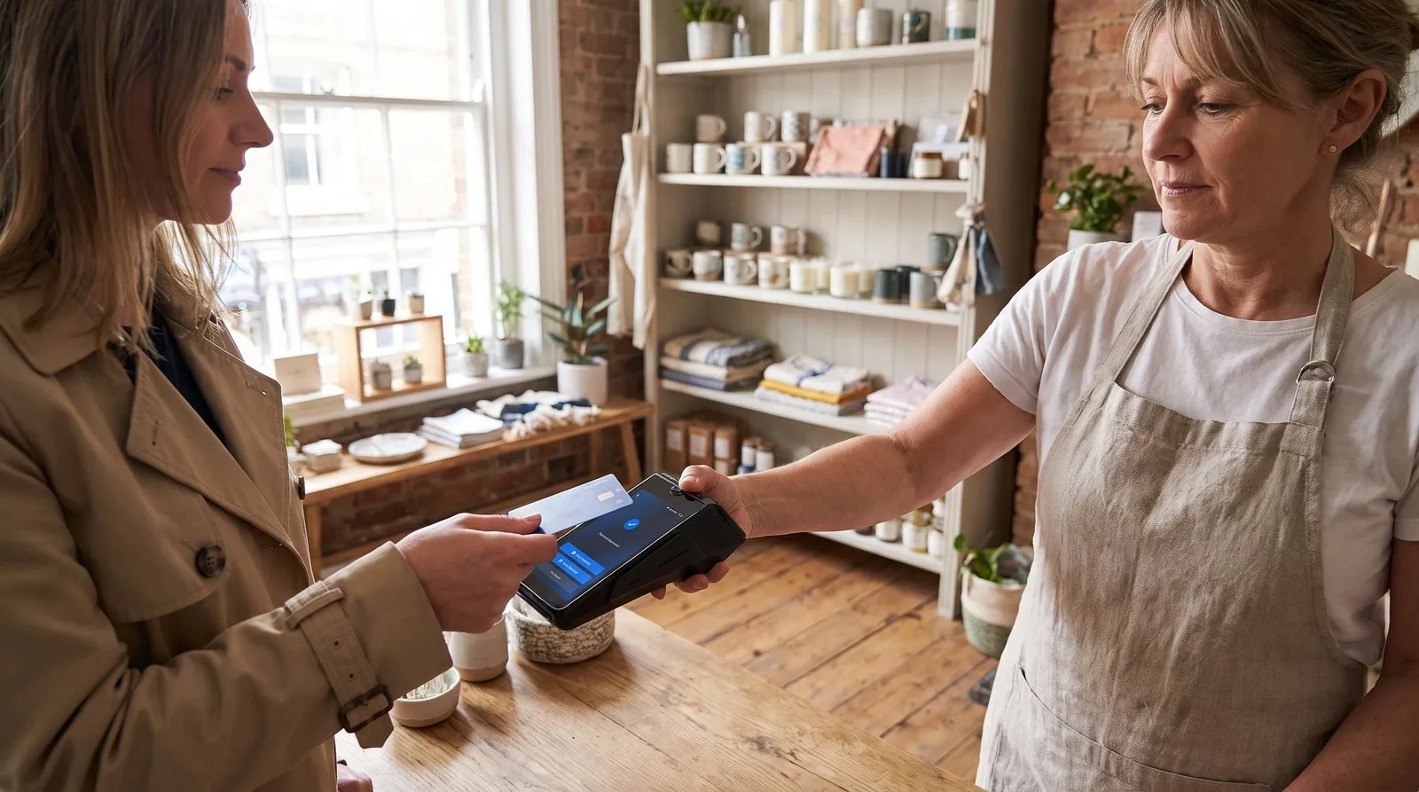 Shop owner holding a Shift4 card machine while a customer pays by contactless at the counter