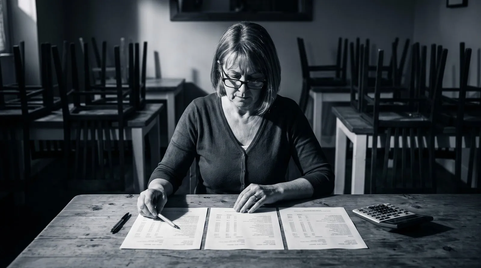 Restaurant owner comparing card processing statements at a table after service