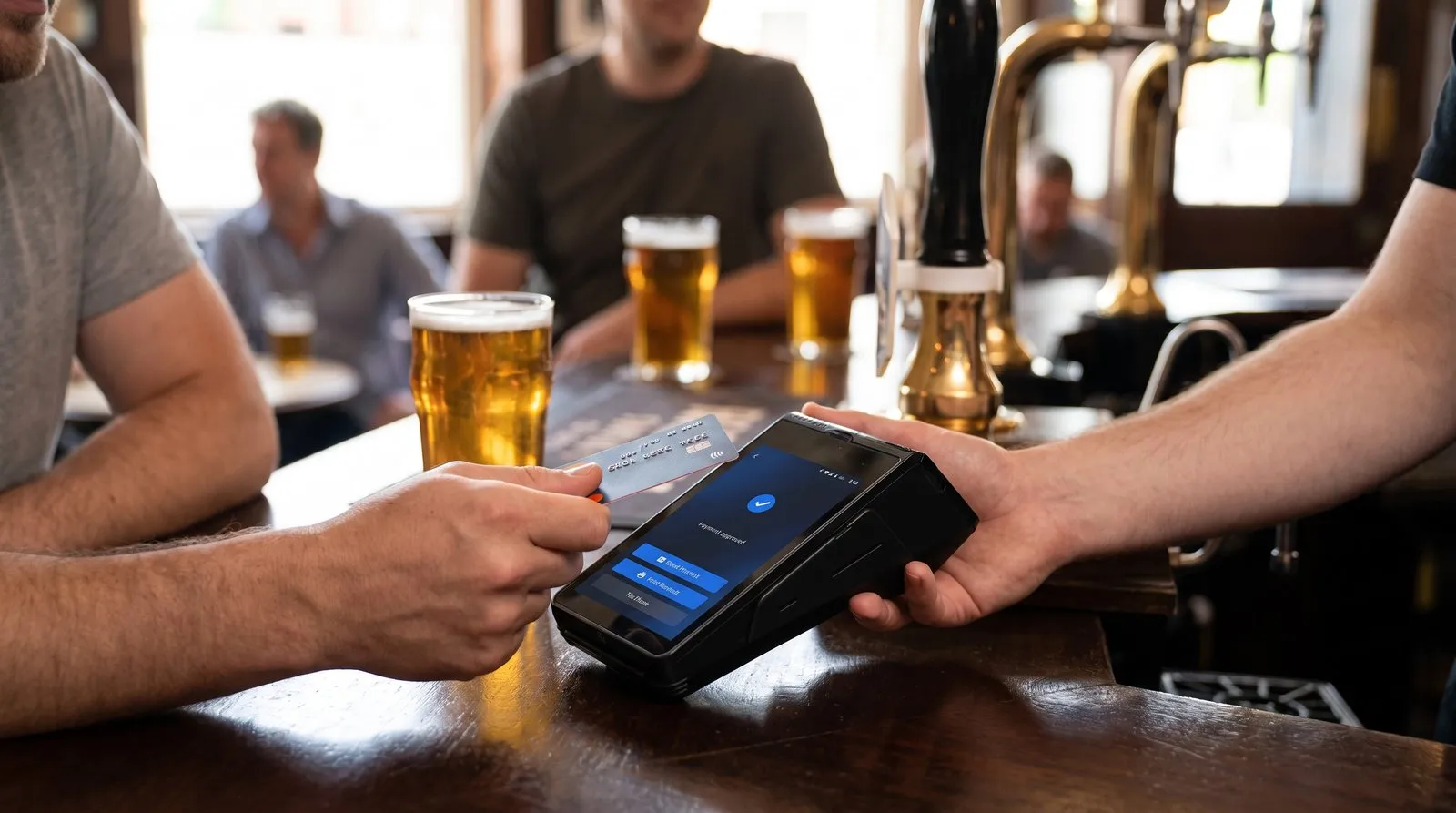Customer tapping a contactless card on a Shift4 card machine at a pub bar