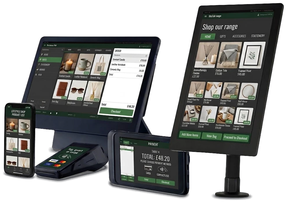 Shift4 SkyTab POS till, self serve kiosk, handheld, card machine and phone app running a lifestyle shop