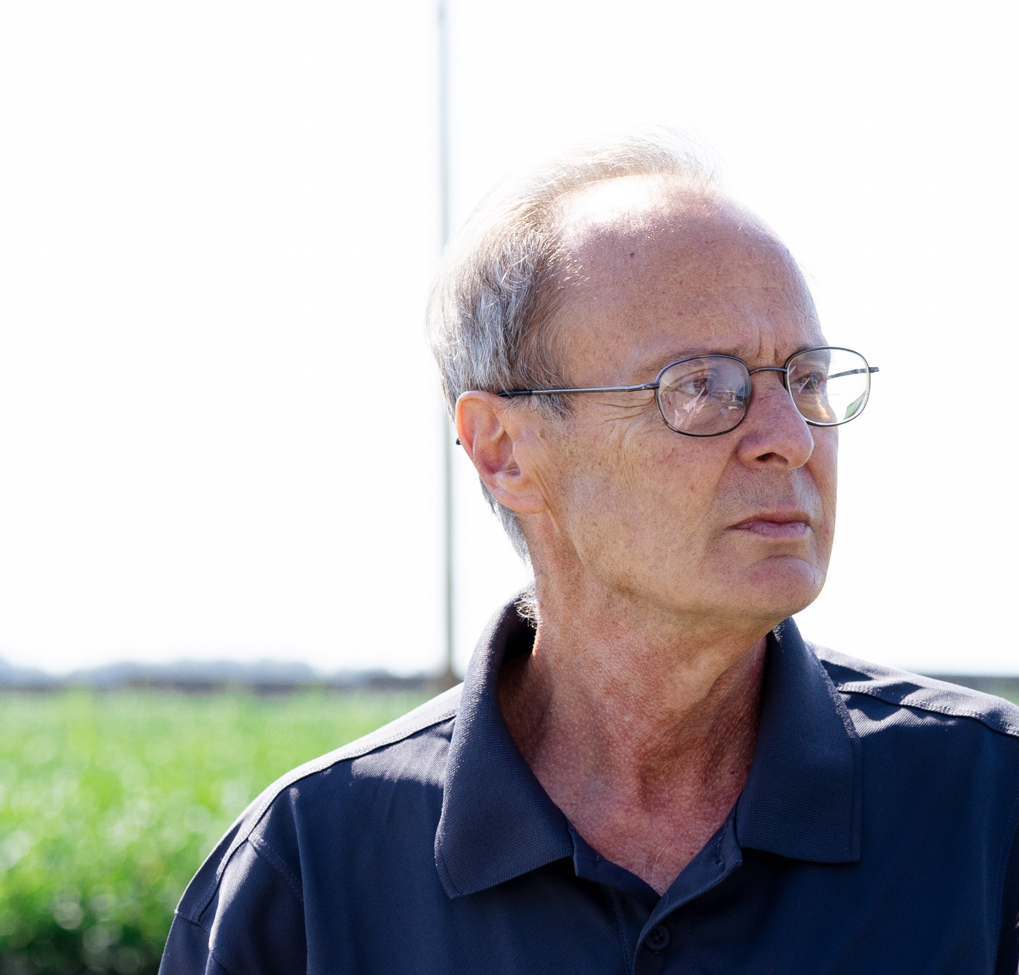 Older man wearing glasses and a dark polo shirt looking to the right in an outdoor field.