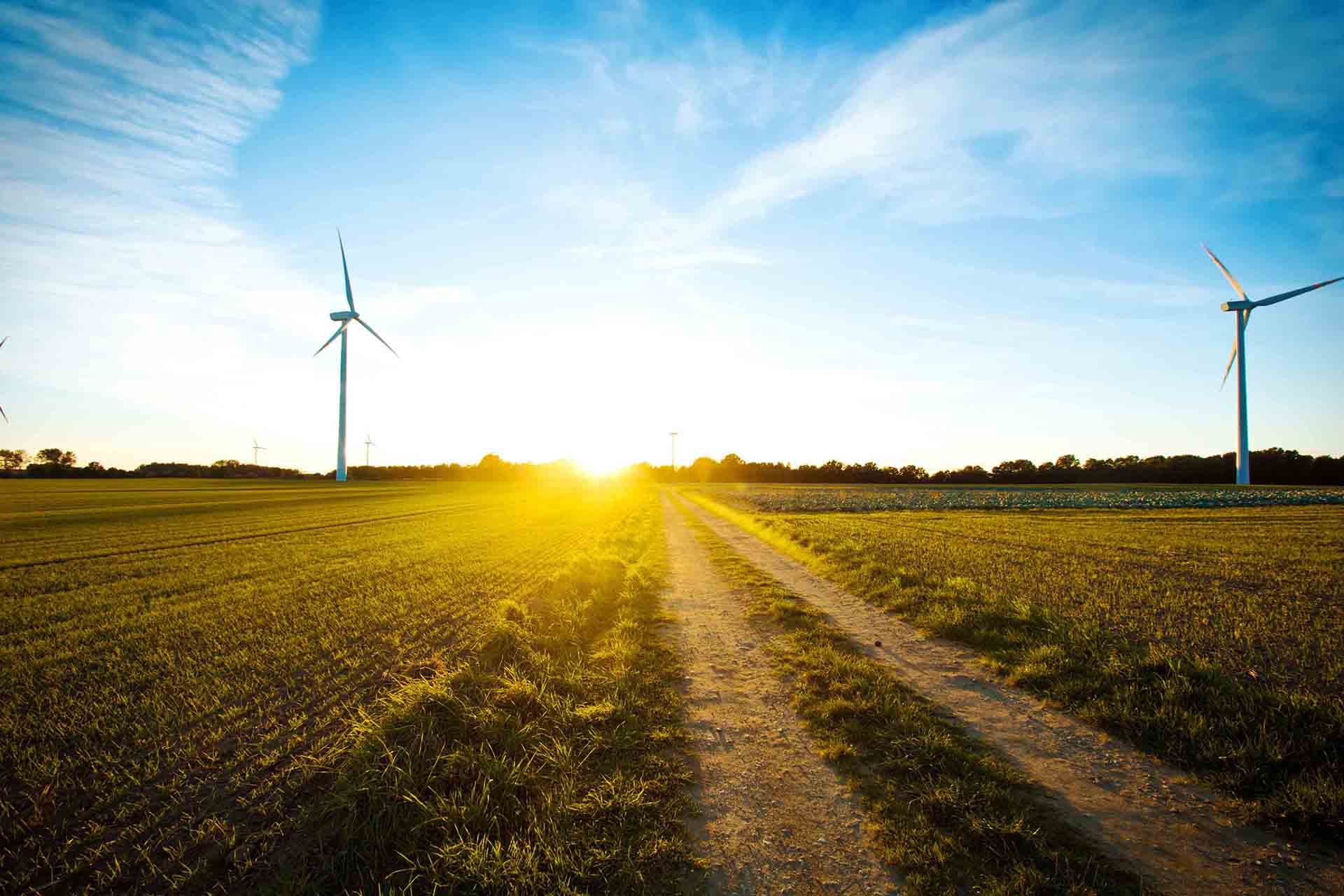 Green John Deere agricultural machine in a field with wind turbines against a clear blue sky.