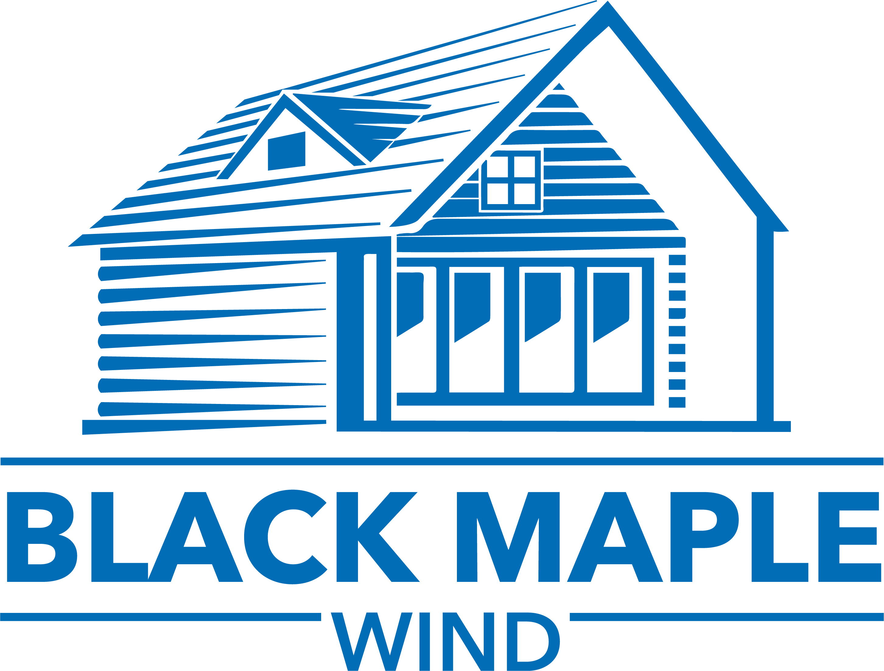 Blue house outline with 'BLACK MAPLE WIND' text logo below.