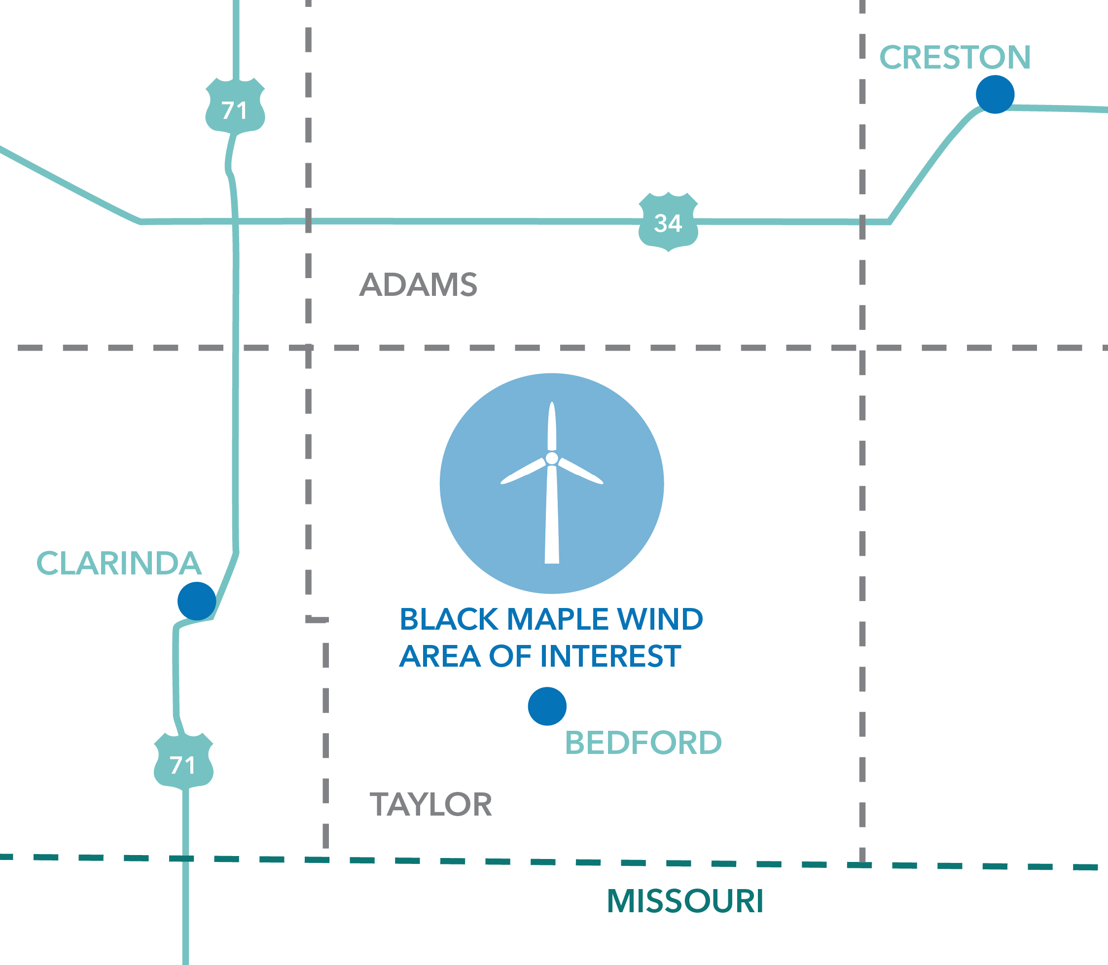 Map showing Black Maple Wind area of interest near Bedford, Iowa, with highways 71 and 34 and towns Clarinda and Creston.