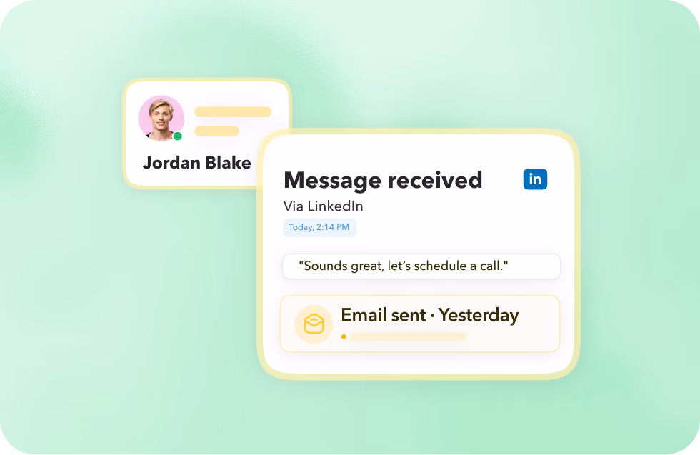 Digital chat interface showing a message received via LinkedIn from Jordan Blake saying, 'Sounds great, let's schedule a call,' with an email sent notification from yesterday.