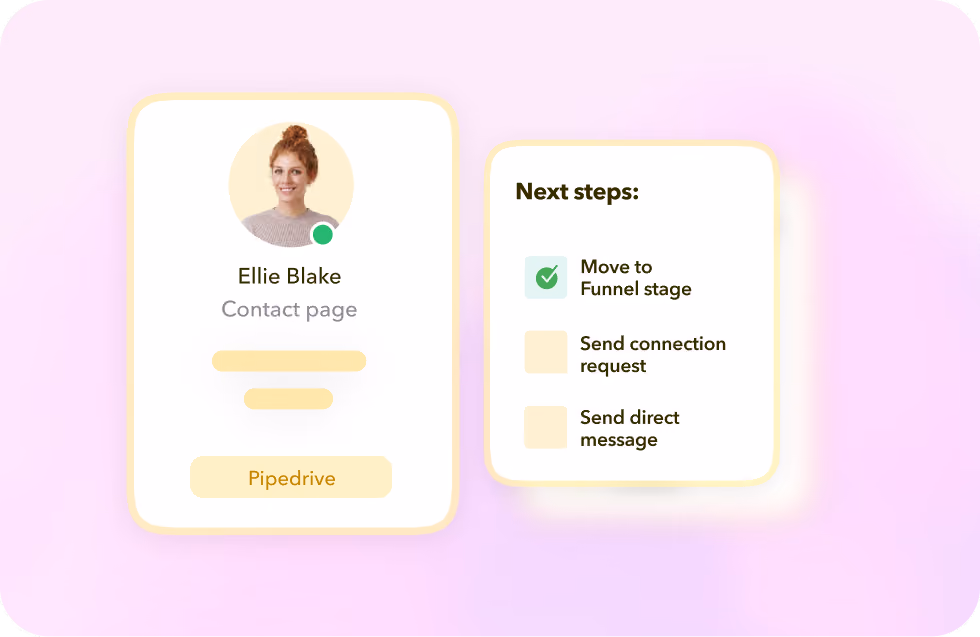User interface displaying profile card of Ellie Blake with a green status indicator and labeled Contact page, along with a section titled Next steps listing three tasks: Move to Funnel stage with a green check, Send connection request, and Send direct message.