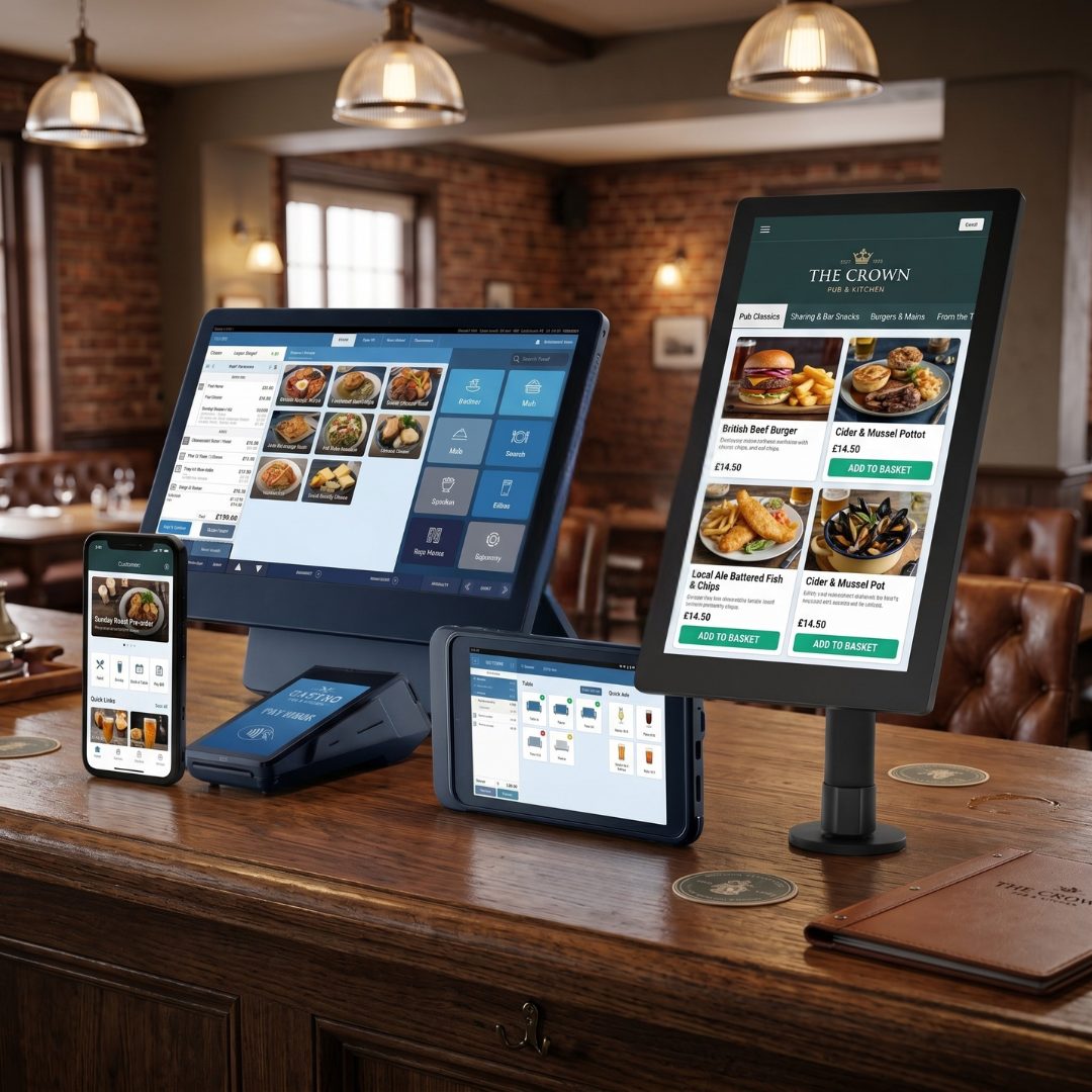 SkyTab POS till, kiosk, handheld and card machine on a pub bar