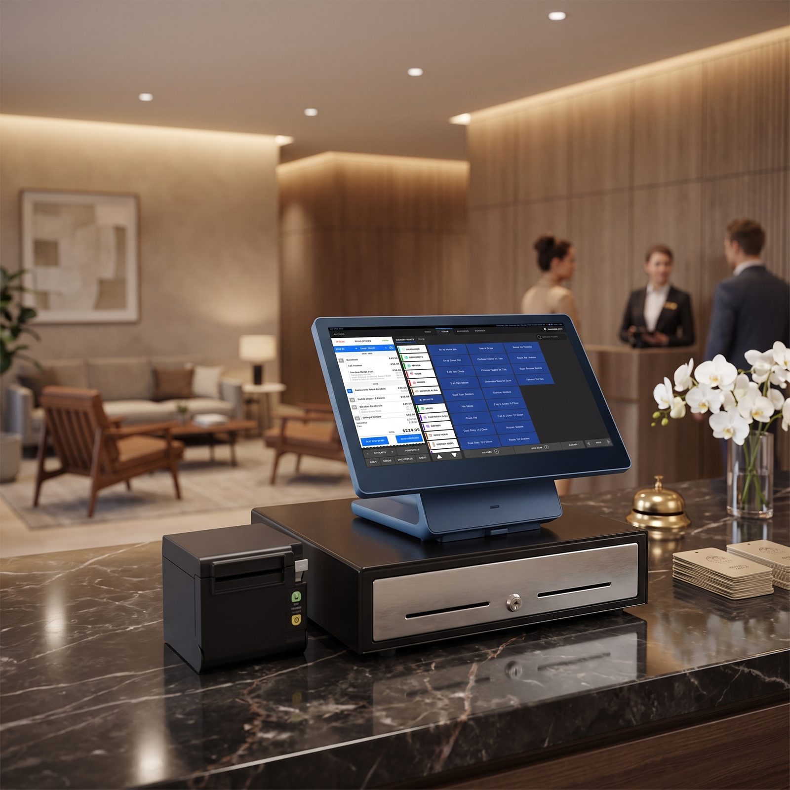 Touchscreen till and cash drawer on a hotel reception desk