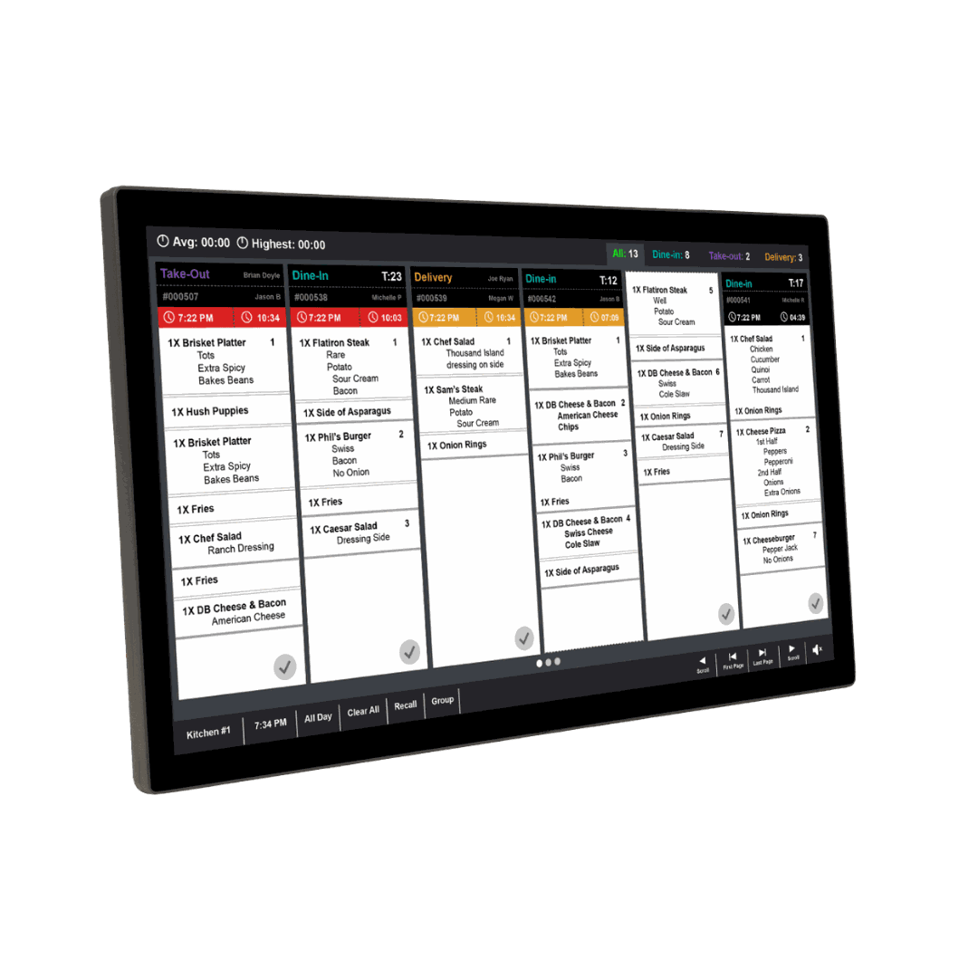 SkyTab kitchen display screen showing live orders