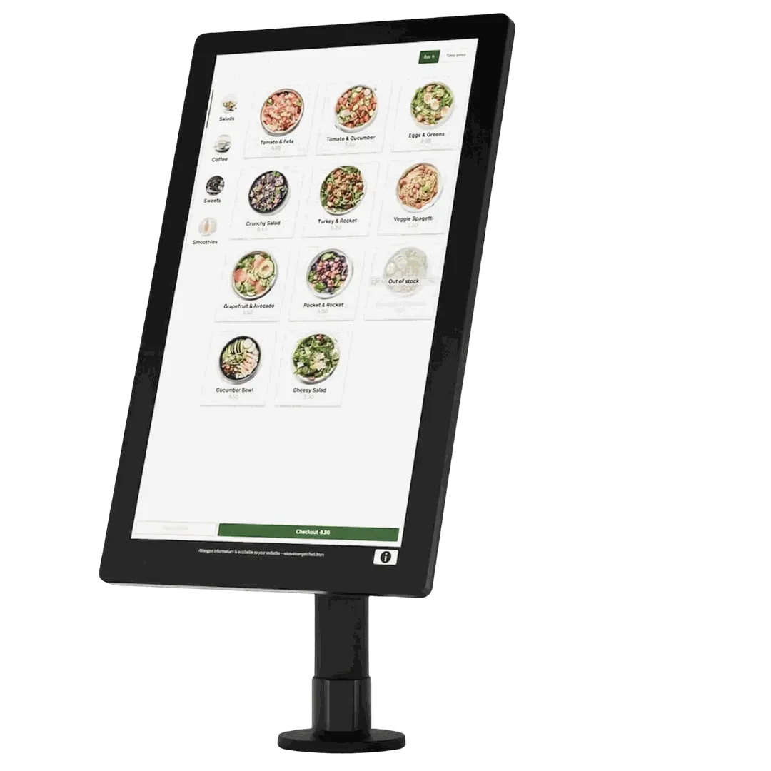 SkyTab self serve ordering kiosk on a floor stand