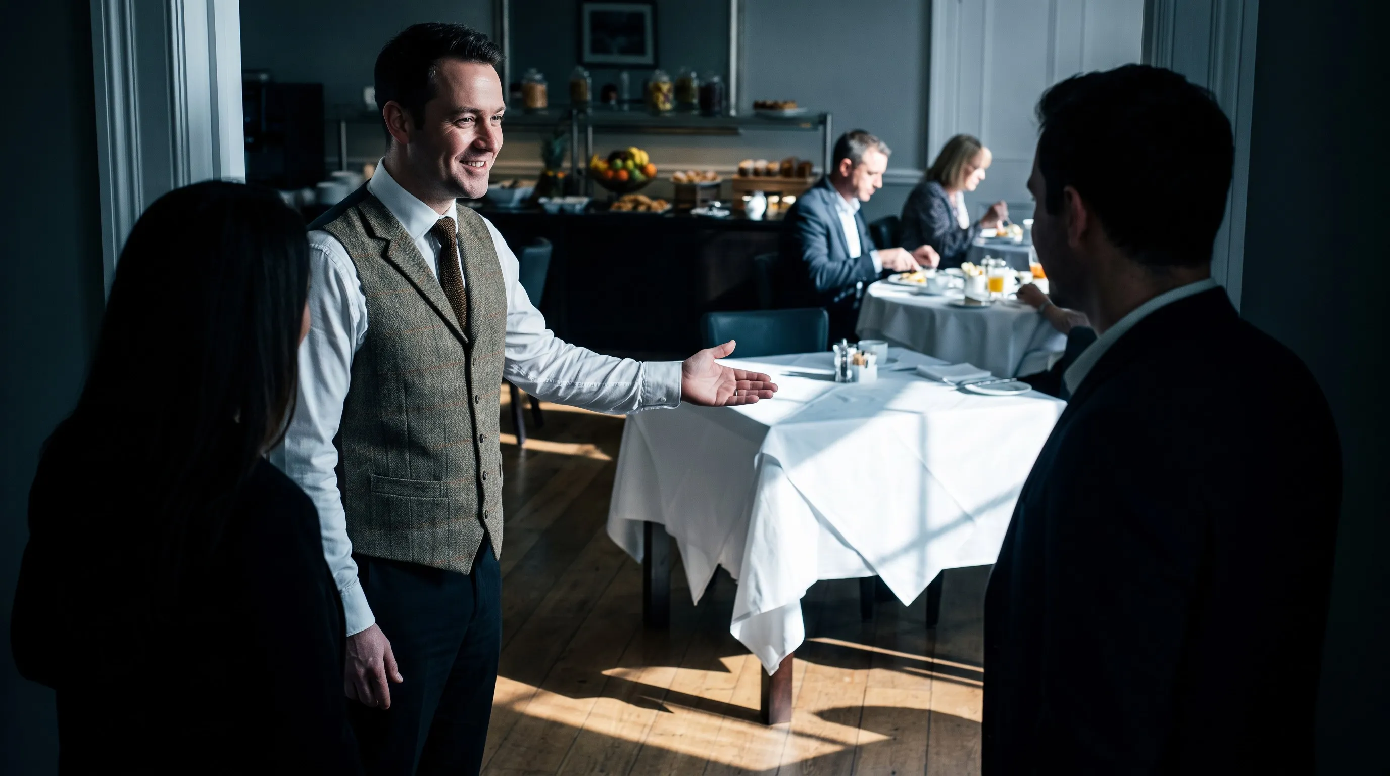 Host welcoming guests into a bright hotel breakfast room