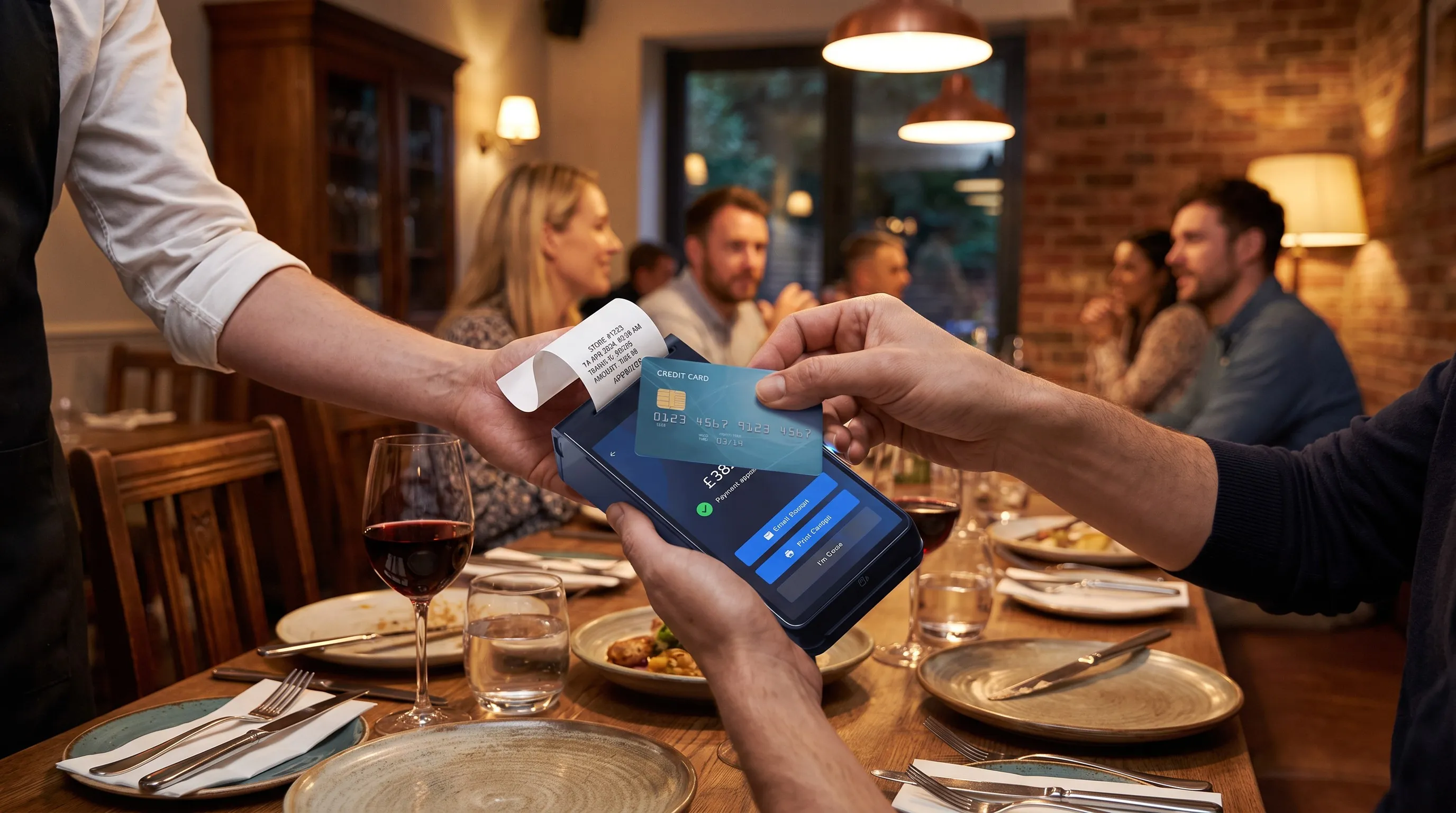 Guest tapping a contactless card on a Shift4 card machine at a restaurant dinner table