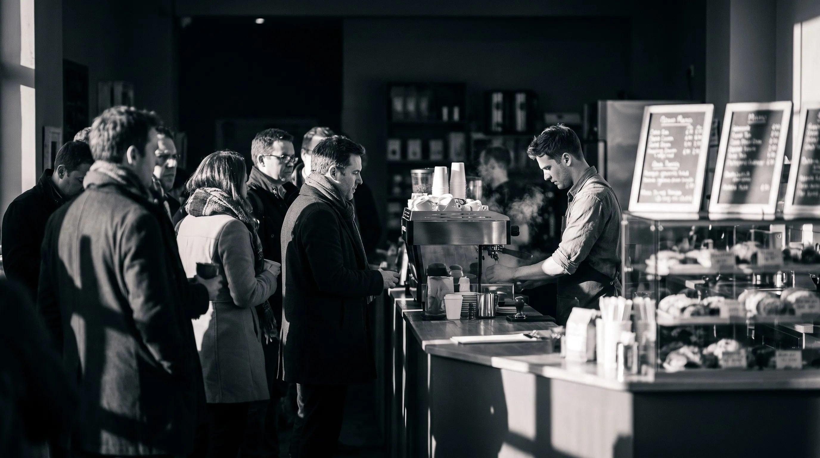 Morning queue of customers waiting to order and pay at the counter of an independent coffee shop, where small card sales are the norm