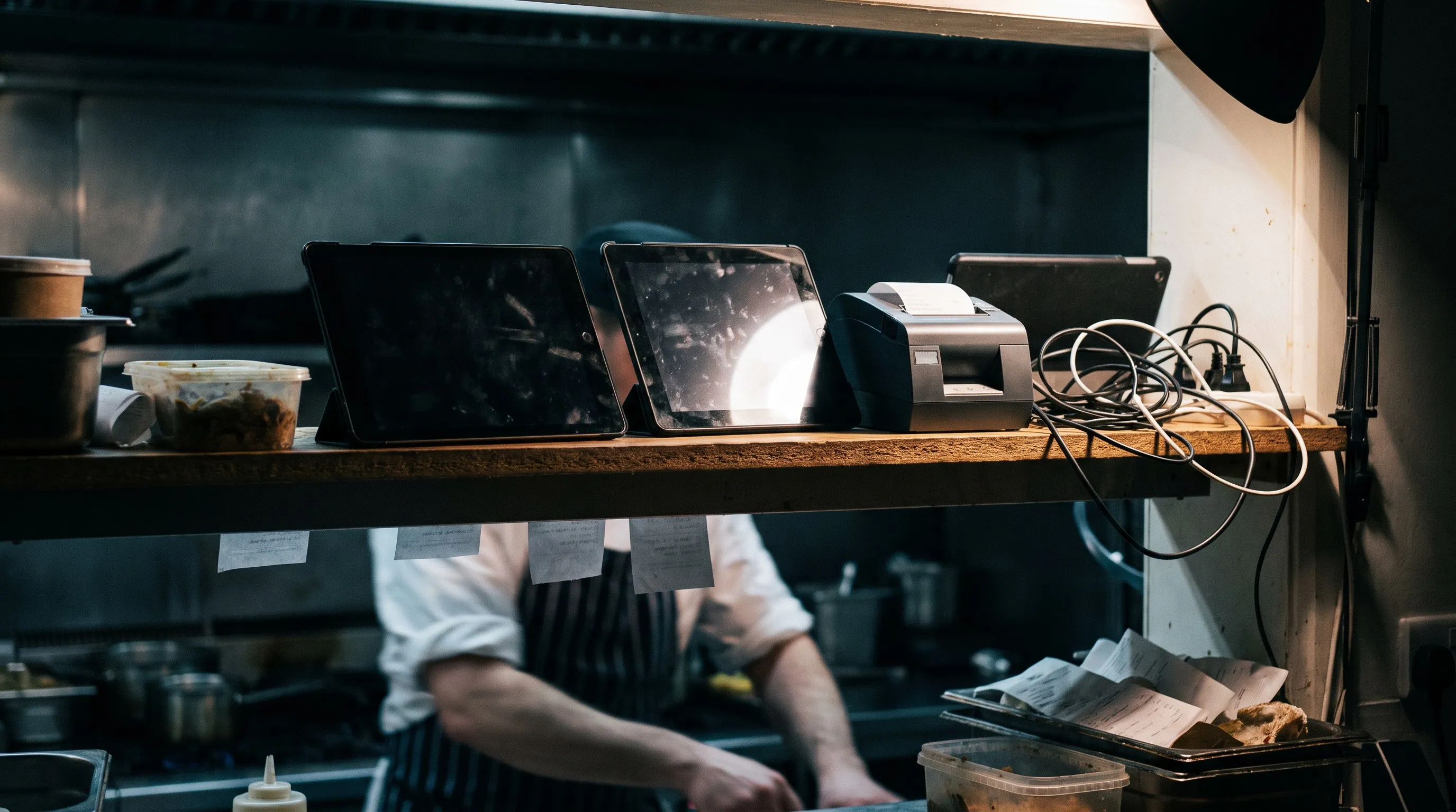 Shelf above a takeaway kitchen crowded with delivery app tablets and a receipt printer