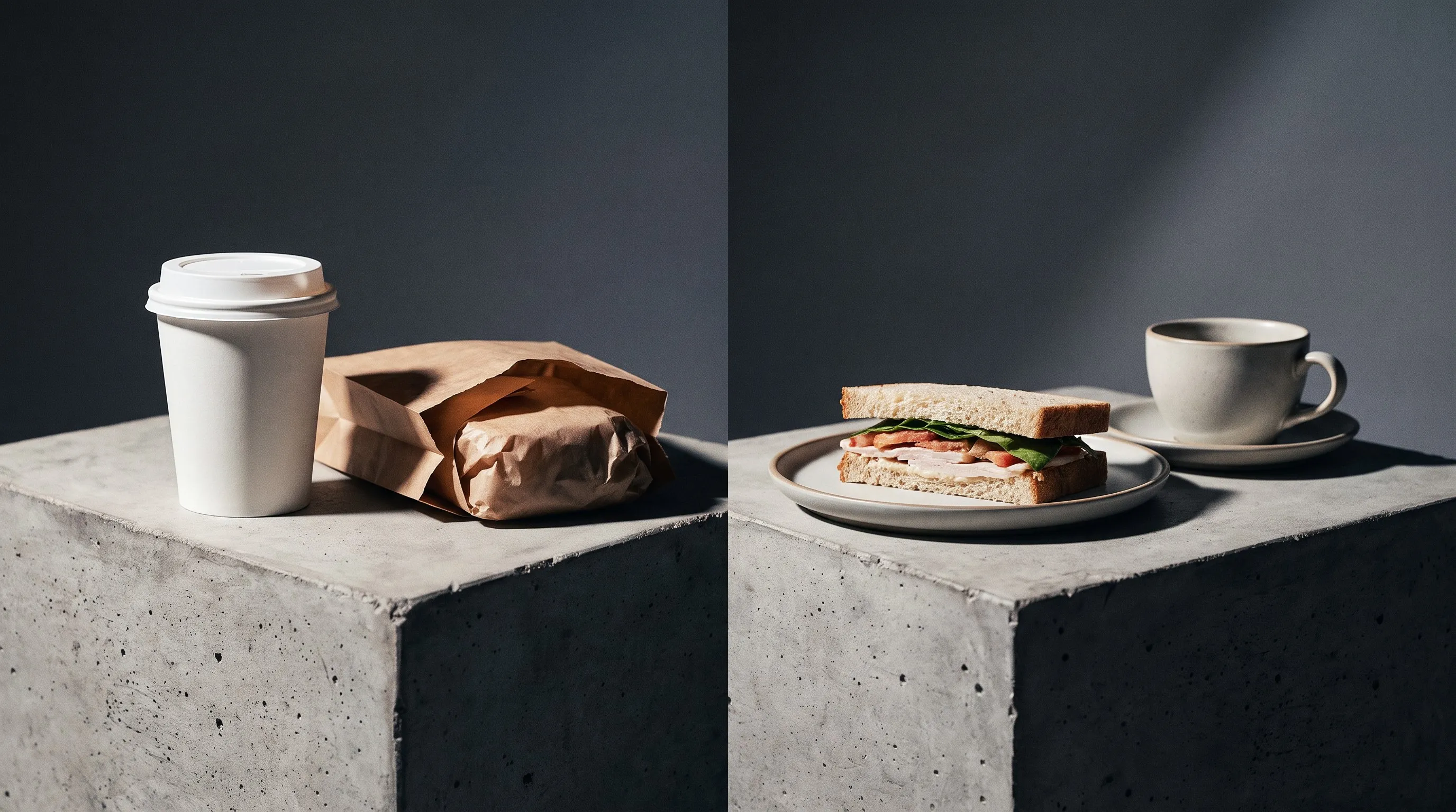 The same sandwich packed to take away beside one plated to eat in