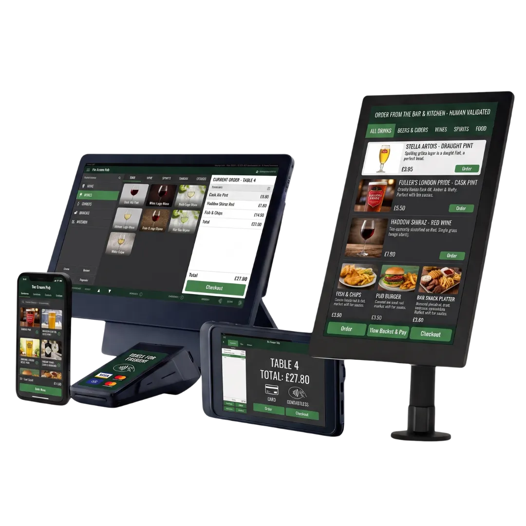 SkyTab POS till, self serve kiosk, handheld tablet and card machine set up together, showing the devices an EPOS quote is priced against