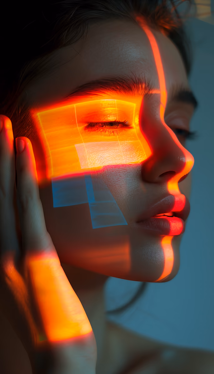 Close-up of a woman's face and hand illuminated with vibrant orange and red light patterns.