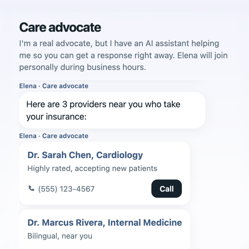 Care advocate chat showing provider recommendations and call options