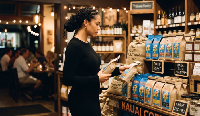 A customer browsing bags of Kauai Coffee on the shelves of a coffee store
