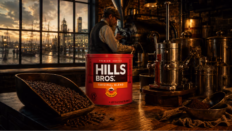 A Hills Bros. Original Blend can beside roasted coffee beans in a vintage coffee house