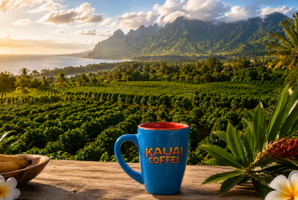A Kauai Coffee mug on a railing overlooking the coffee plantation and the Hawaiian coastline