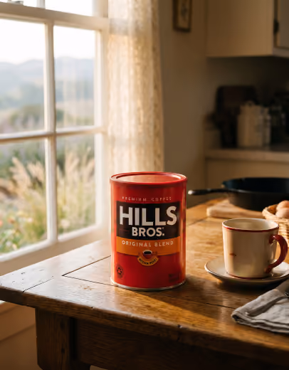 A Hills Bros. Original Blend can beside a cup of coffee on a sunlit windowsill