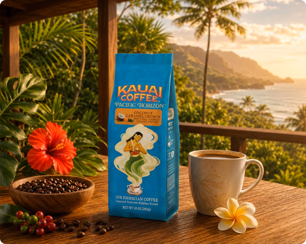 Kauai Coffee beans and packaging against the Hawaiian coastline