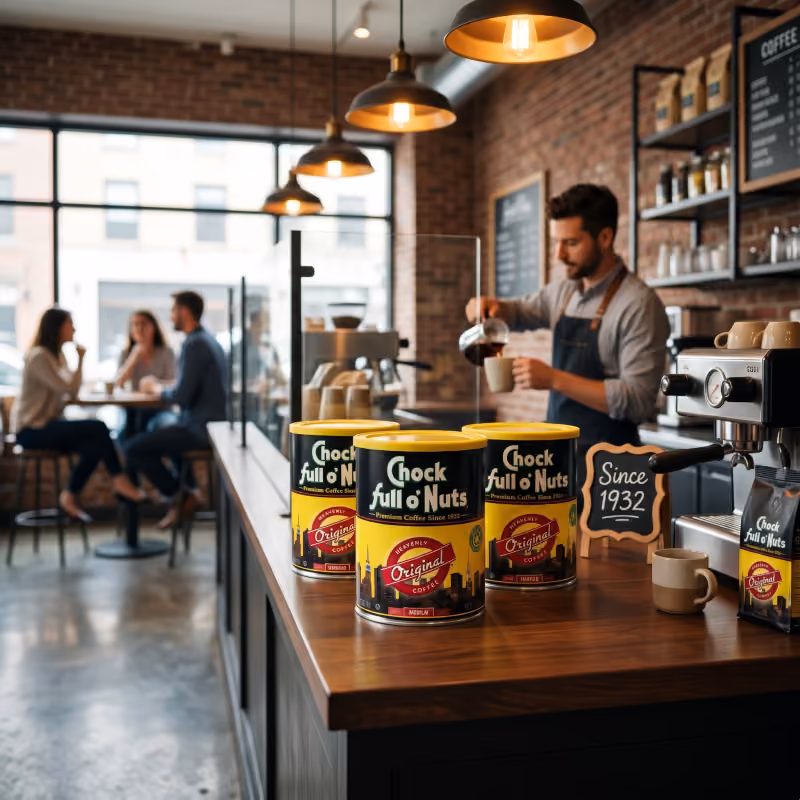 A barista pouring coffee behind a counter lined with Chock full o'Nuts cans