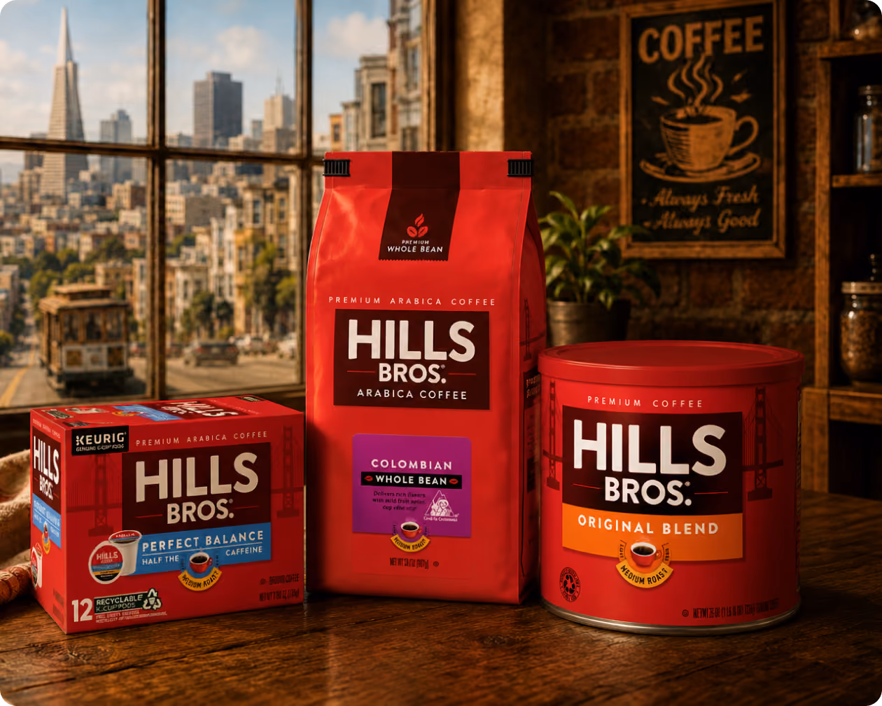 Hills Bros. coffee can beside a filled mug